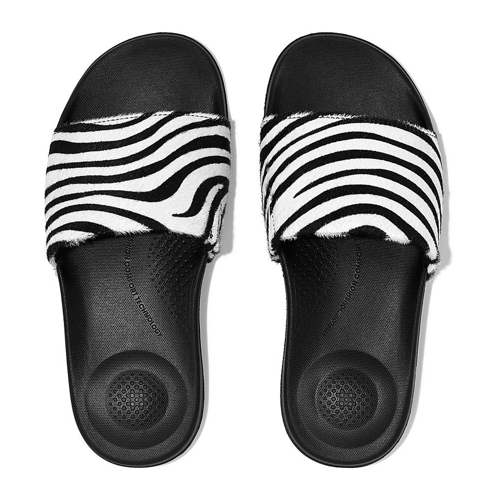 Black/White Women's Fitflop IQUSHION Zebra Print Leather Slides Slides | QJ6470358