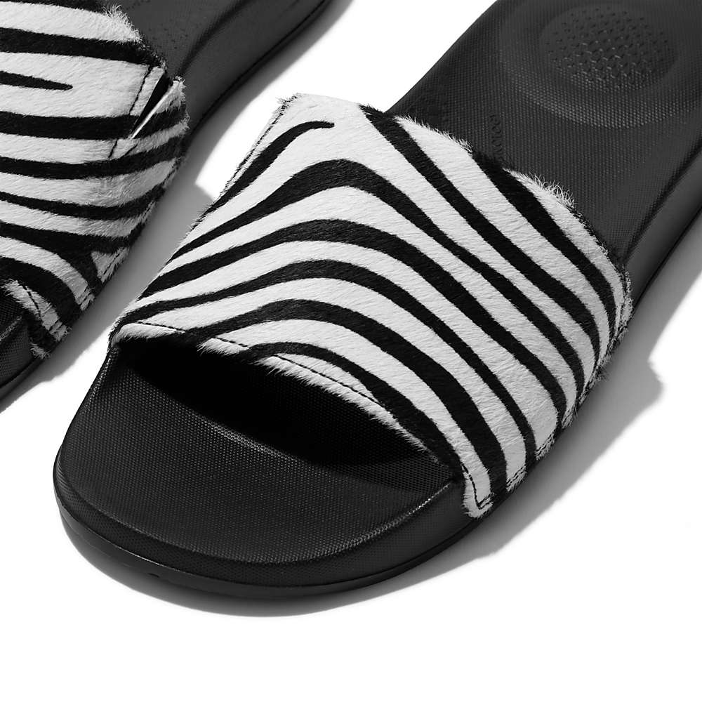 Black/White Women's Fitflop IQUSHION Zebra Print Leather Slides Slides | QJ6470358