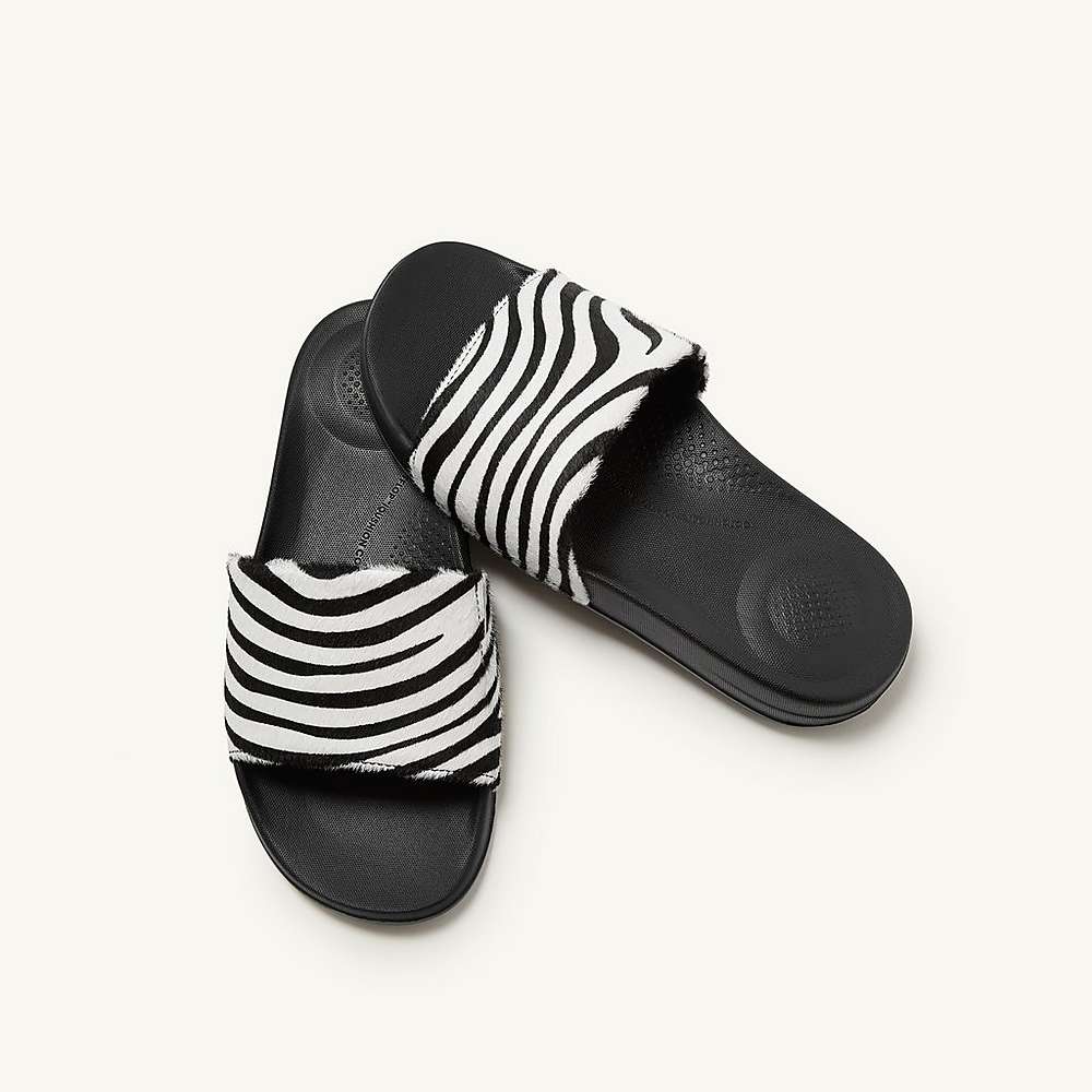 Black/White Women's Fitflop IQUSHION Zebra Print Leather Slides Slides | QJ6470358