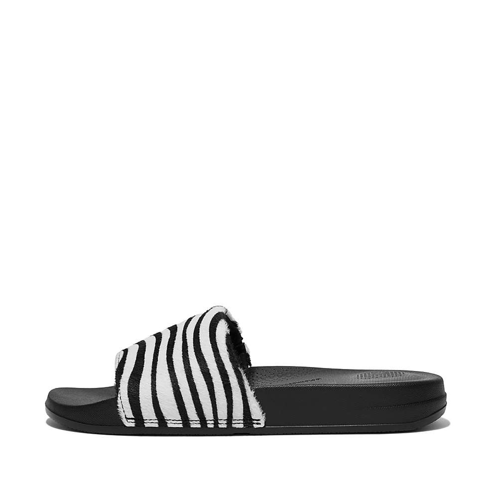 Black/White Women\'s Fitflop IQUSHION Zebra Print Leather Slides Slides | QJ6470358