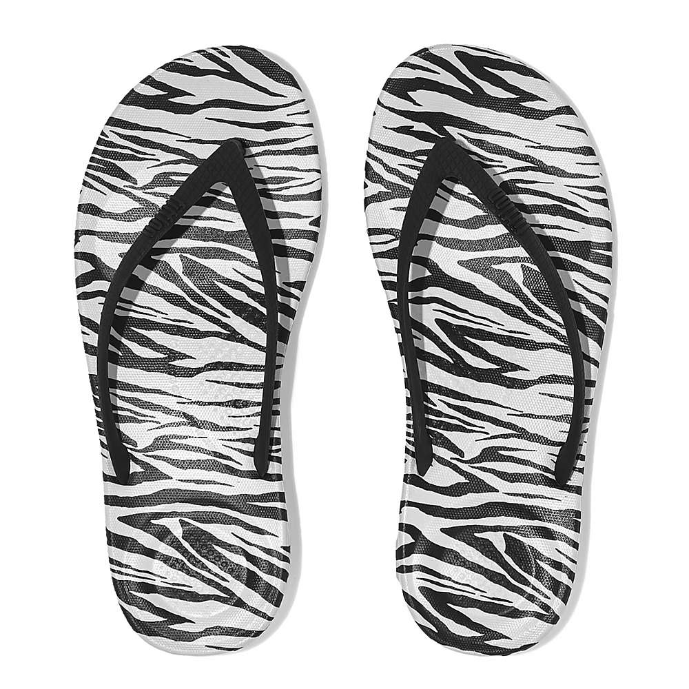 Black/White Women's Fitflop IQUSHION Zebra Print Ergonomic Flip Flops | RD9217458