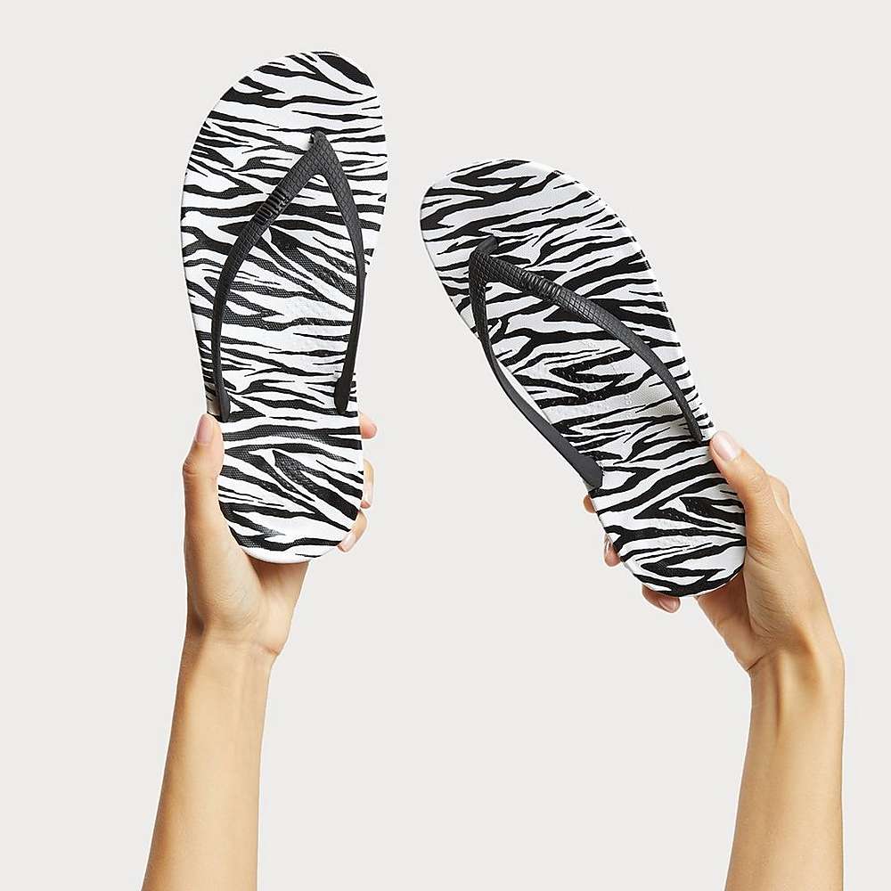 Black/White Women's Fitflop IQUSHION Zebra Print Ergonomic Flip Flops | RD9217458