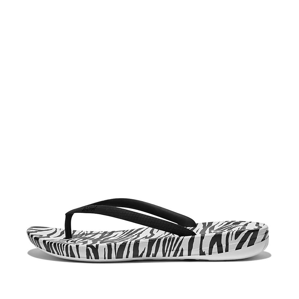 Black/White Women\'s Fitflop IQUSHION Zebra Print Ergonomic Flip Flops | RD9217458