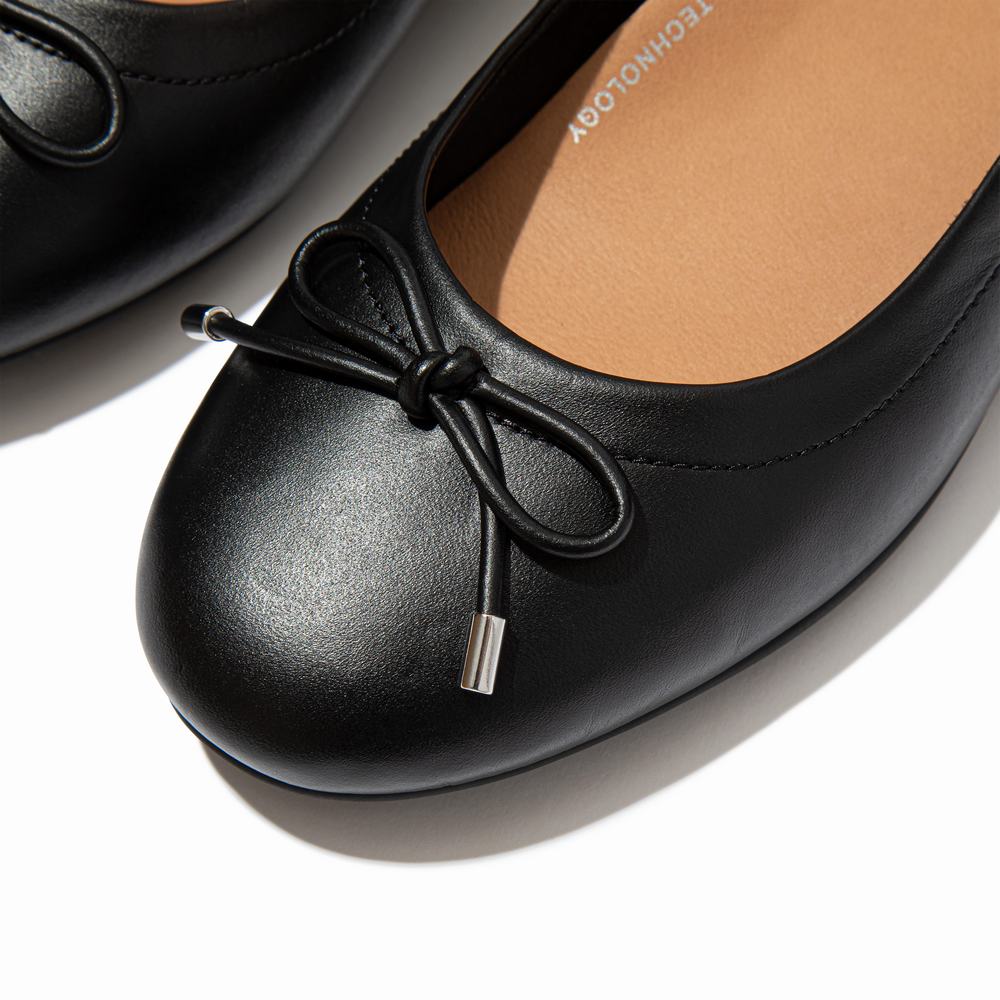 Black Women's Fitflop ALLEGRO Bow Leather Ballet Flats | IW7450128