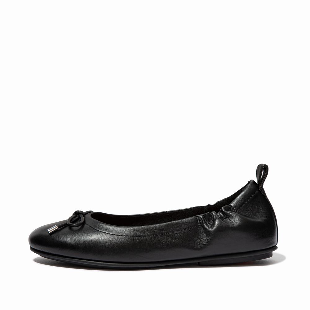 Black Women\'s Fitflop ALLEGRO Bow Leather Ballet Flats | IW7450128