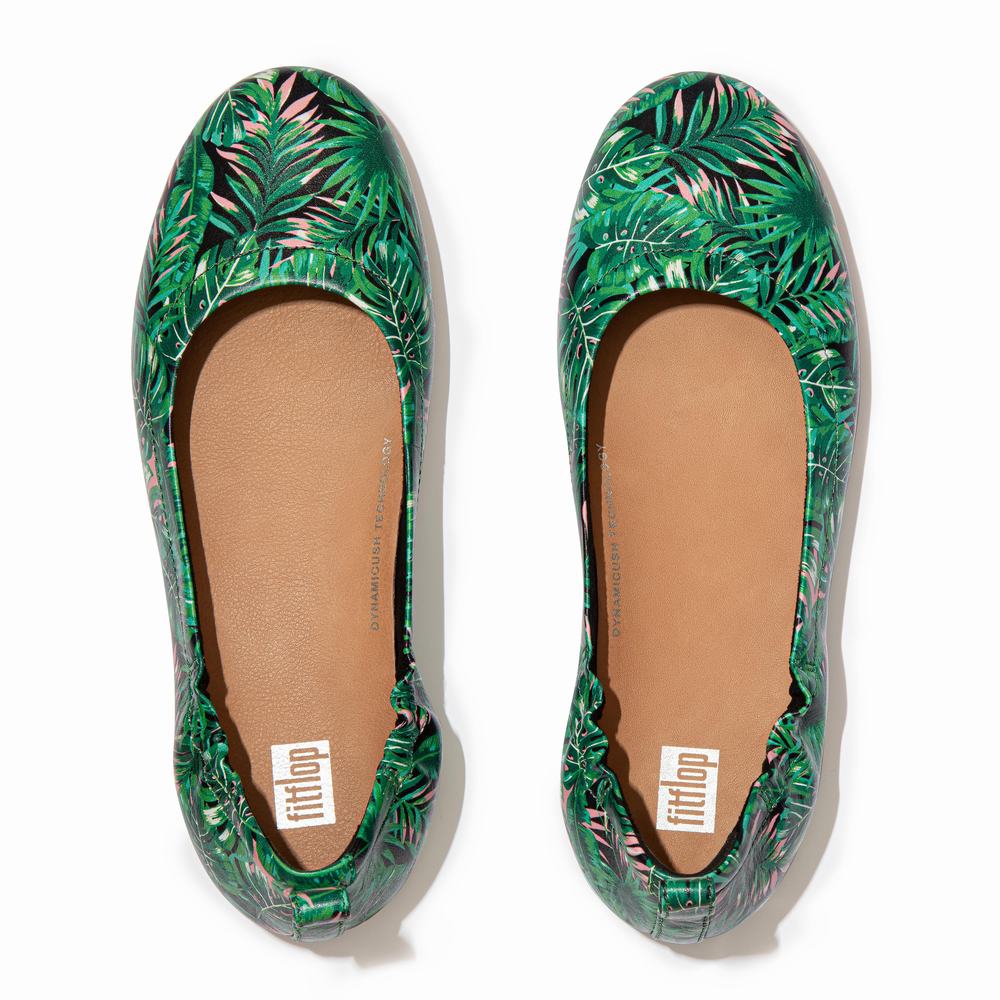 Black Women's Fitflop ALLEGRO Jungle-Print Soft Leather Ballet Flats | GF8236195