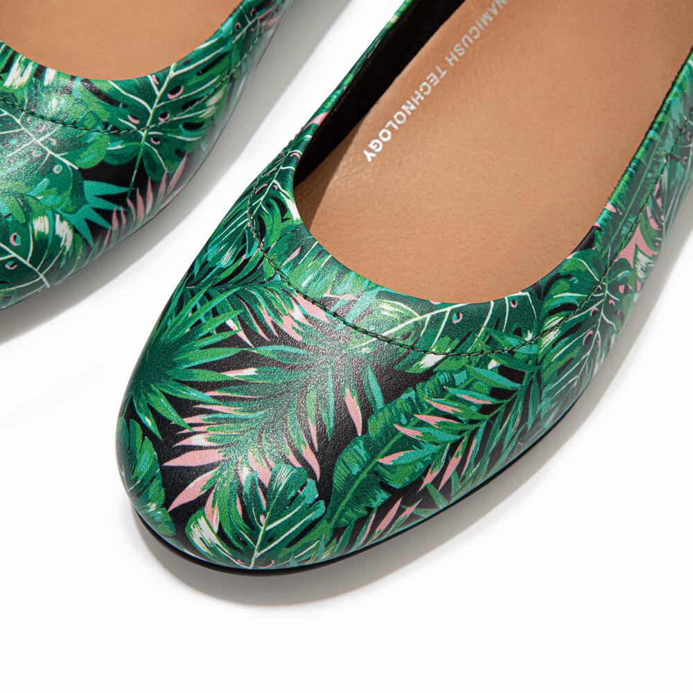 Black Women's Fitflop ALLEGRO Jungle-Print Soft Leather Ballet Flats | GF8236195