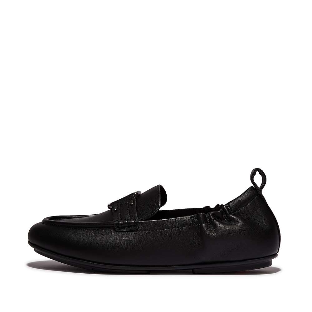 Black Women\'s Fitflop ALLEGRO Stud-Buckle Leather Loafers | ZY2813570