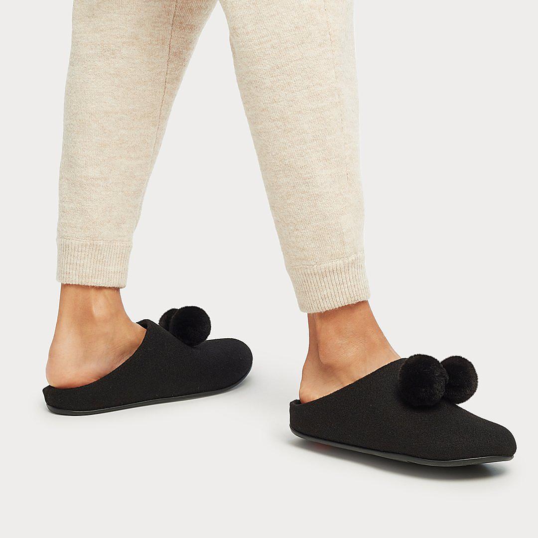 Black Women's Fitflop CHRISSIE Pom-Pom Felt Slippers | HO2516039