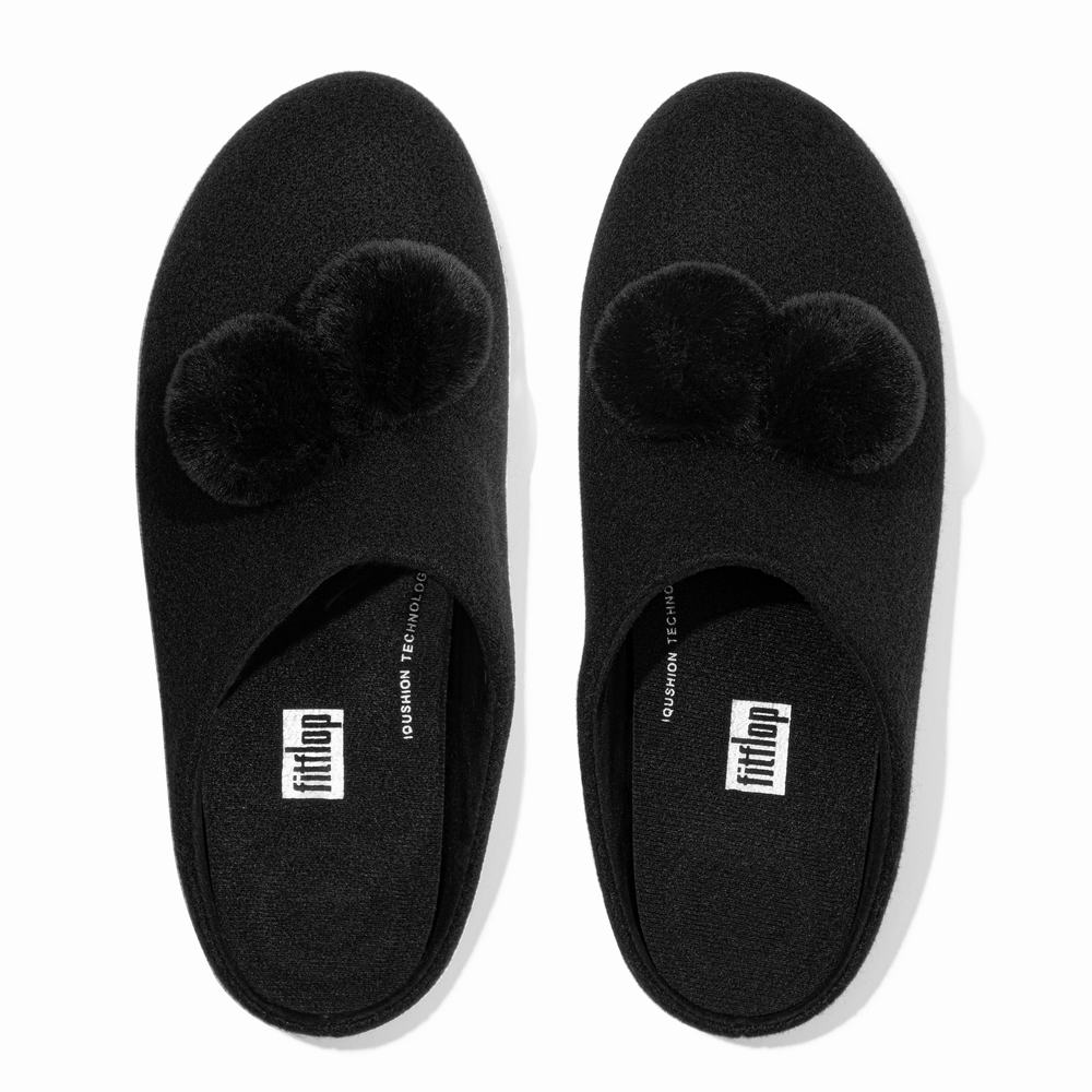 Black Women's Fitflop CHRISSIE Pom-Pom Felt Slippers | HO2516039