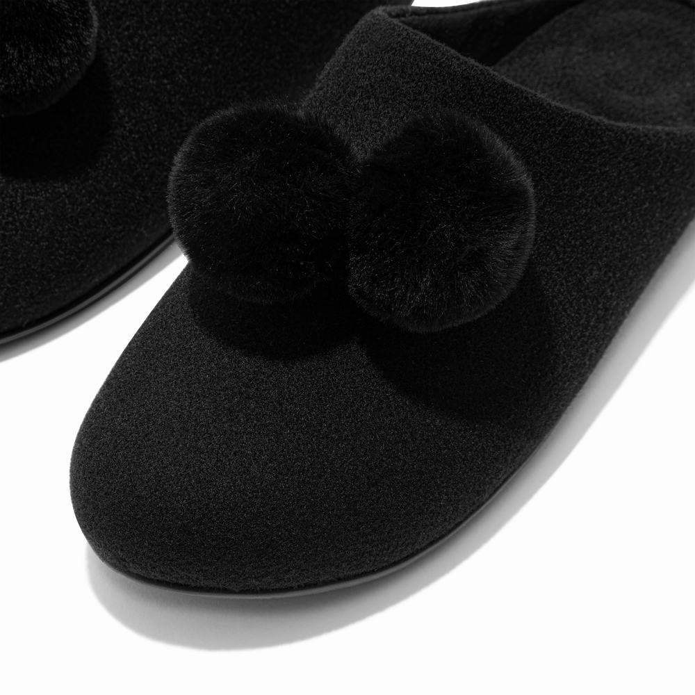 Black Women's Fitflop CHRISSIE Pom-Pom Felt Slippers | HO2516039