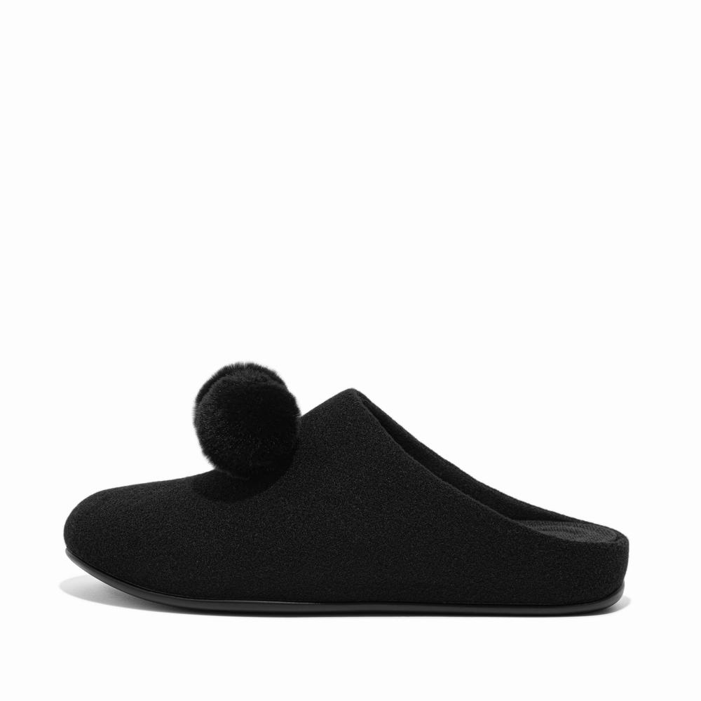 Black Women\'s Fitflop CHRISSIE Pom-Pom Felt Slippers | HO2516039