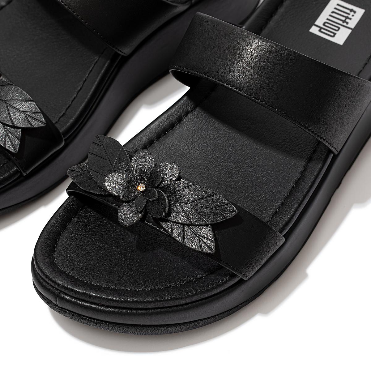 Black Women's Fitflop FINO Floral Leather Slides Sandals | UB5034689