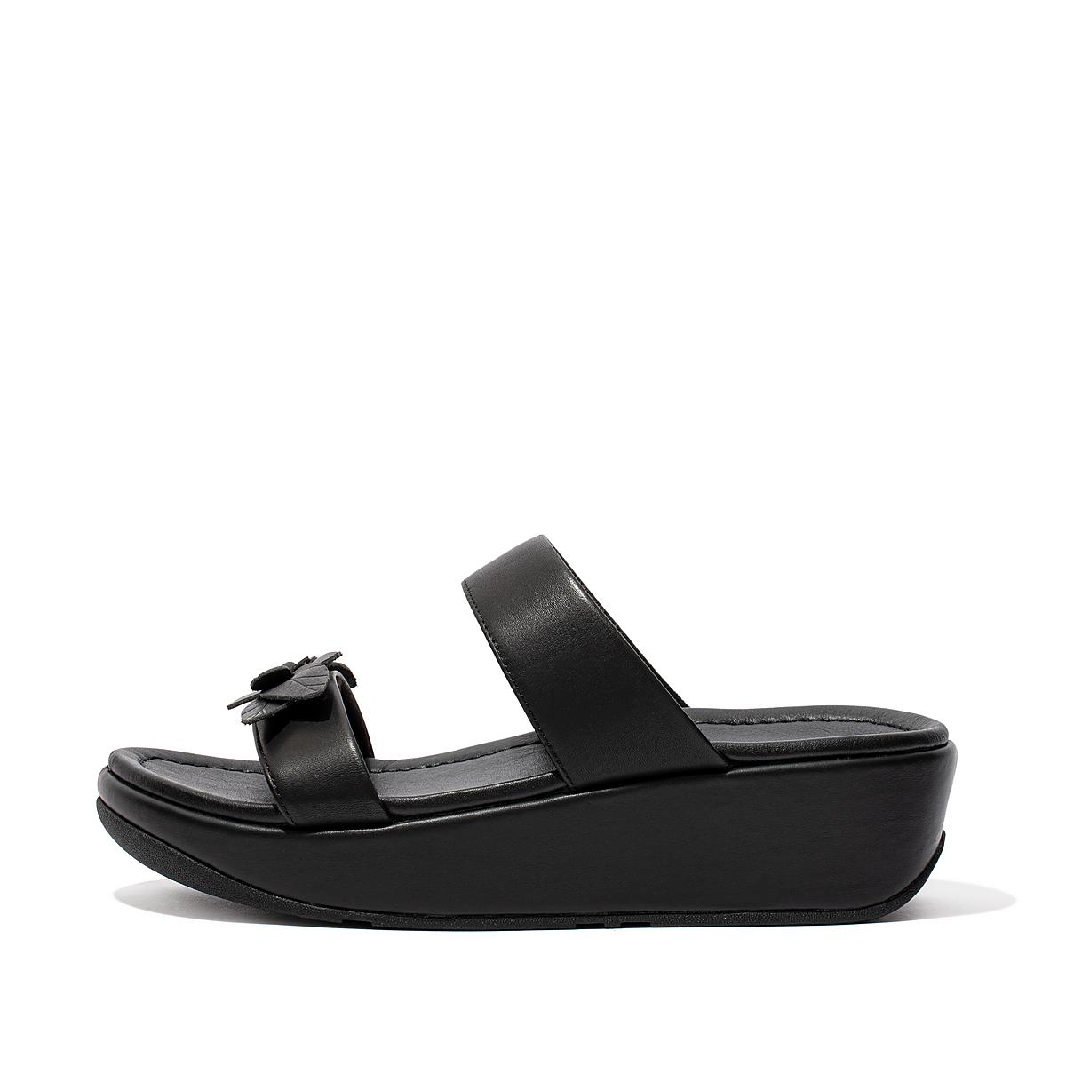 Black Women\'s Fitflop FINO Floral Leather Slides Sandals | UB5034689