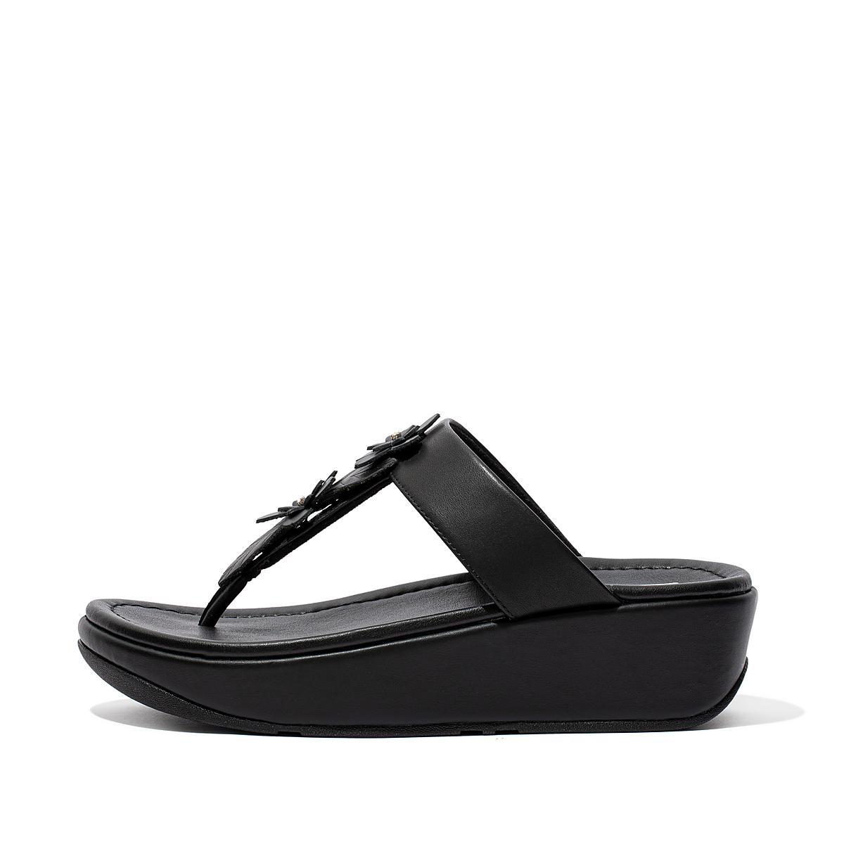 Black Women\'s Fitflop FINO Floral Leather Toe-Post Sandals | VM2953718