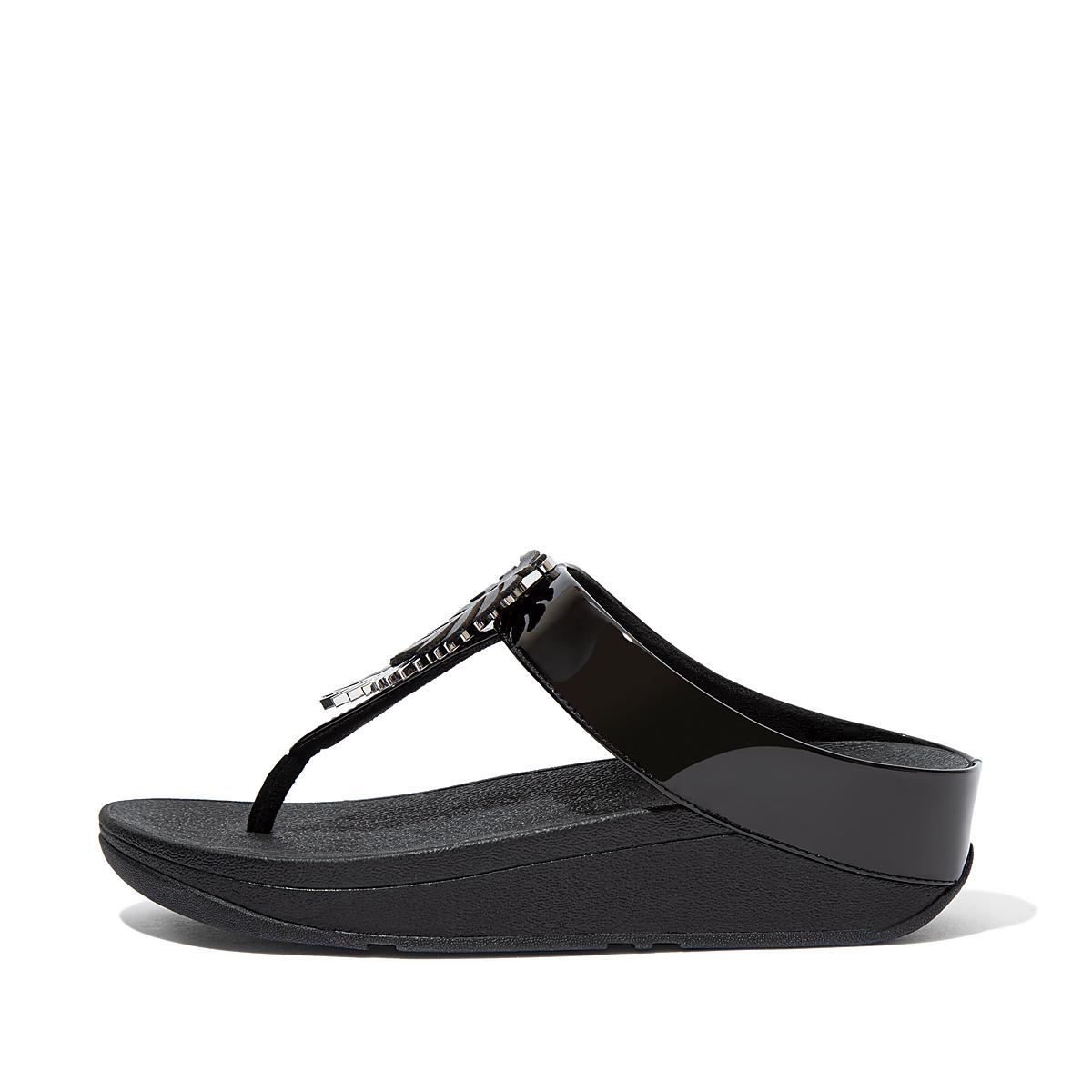 Black Women\'s Fitflop FINO Jungle Leaf Patent Toe-Post Sandals | RE4603571