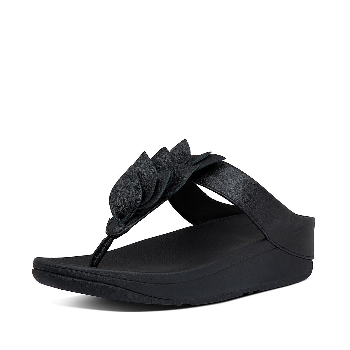 Black Women's Fitflop FINO Leaf Leather Toe-Thongs Sandals | EY1520394