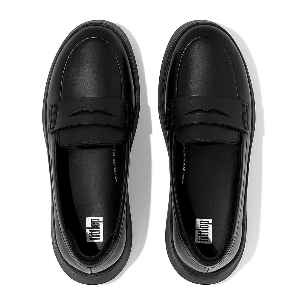 Black Women's Fitflop F-MODE Leather Flatform Penny Loafers | FN0826413