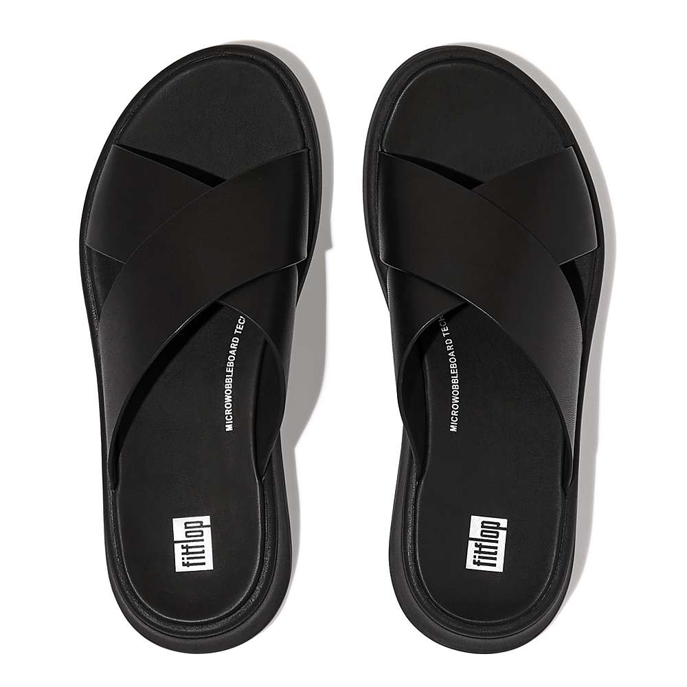 Black Women's Fitflop F-MODE Leather Flatform Cross Slides Sandals | IU2013459