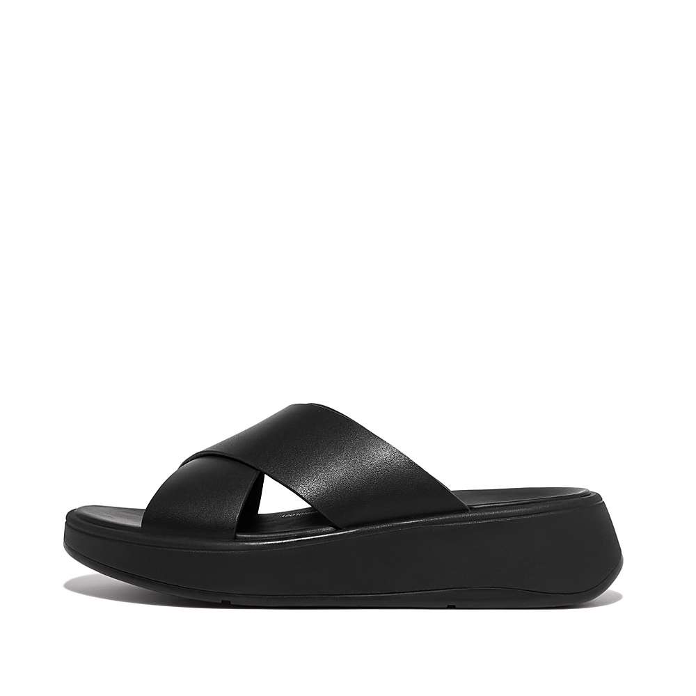 Black Women\'s Fitflop F-MODE Leather Flatform Cross Slides Sandals | IU2013459