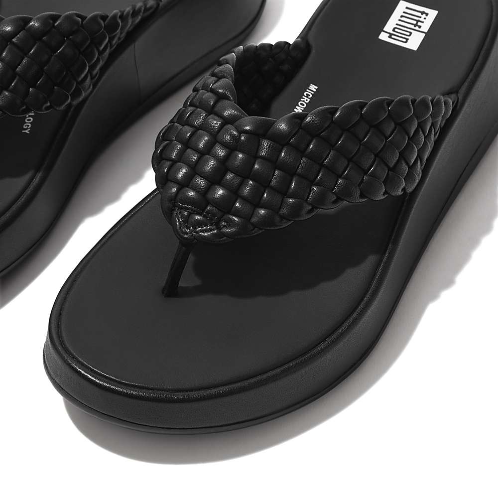 Black Women's Fitflop F-MODE Woven Leather Flatform Toe-Post Sandals | KW8032649