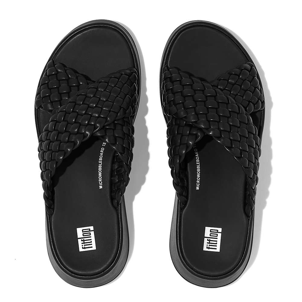 Black Women's Fitflop F-MODE Woven Leather Flatform Cross Slides Sandals | XZ0917864