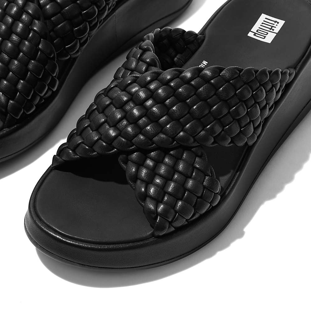 Black Women's Fitflop F-MODE Woven Leather Flatform Cross Slides Sandals | XZ0917864