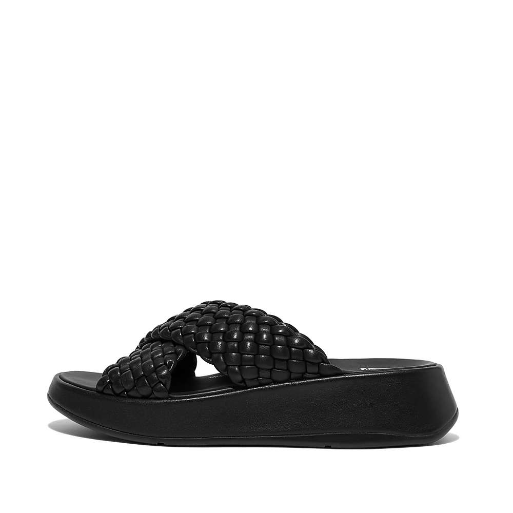 Black Women\'s Fitflop F-MODE Woven Leather Flatform Cross Slides Sandals | XZ0917864