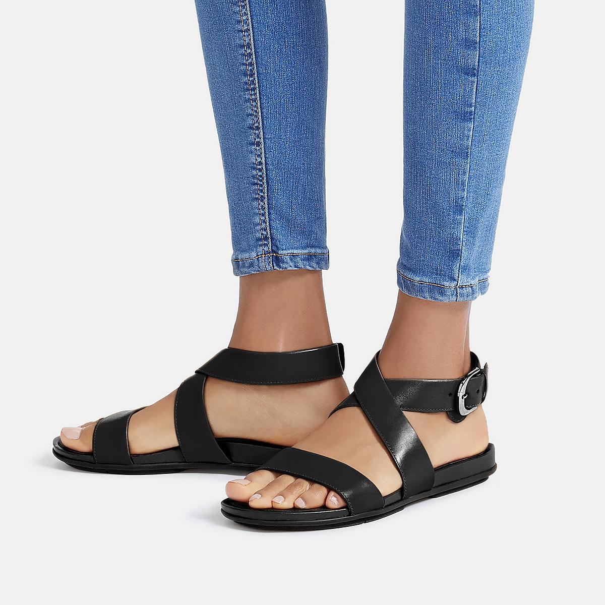 Black Women's Fitflop GRACIE Buckle Leather Ankle-Strap Sandals | IT5241638