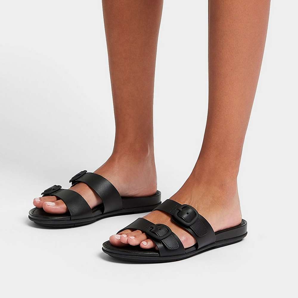 Black Women's Fitflop GRACIE Buckle Two-Bar Leather Slides Sandals | UI1490652