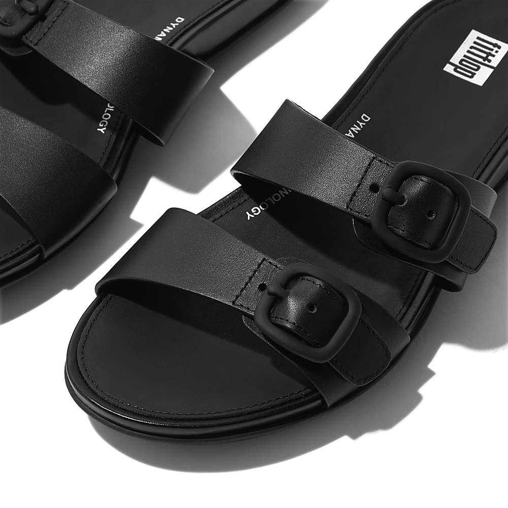 Black Women's Fitflop GRACIE Buckle Two-Bar Leather Slides Sandals | UI1490652