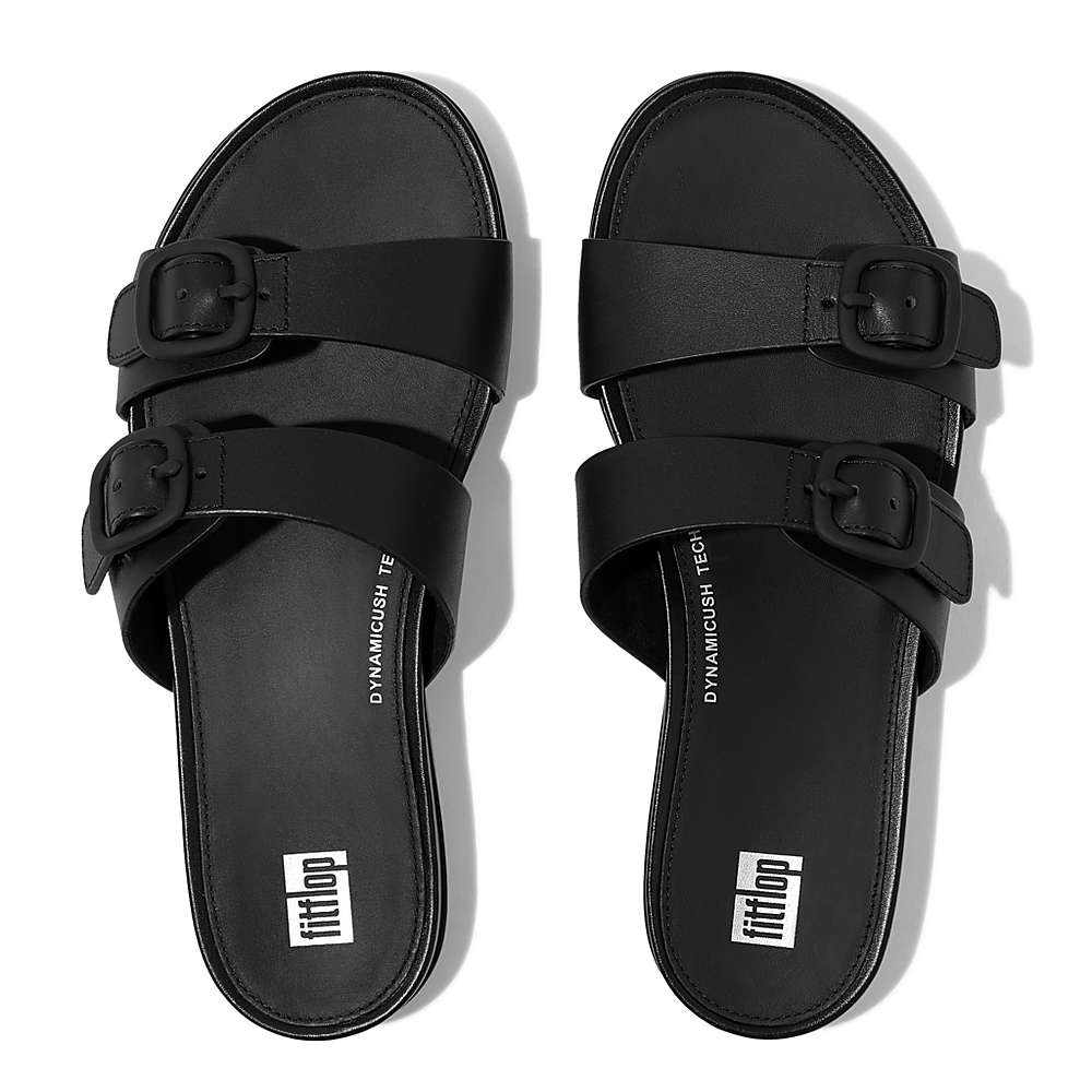 Black Women's Fitflop GRACIE Buckle Two-Bar Leather Slides Sandals | UI1490652