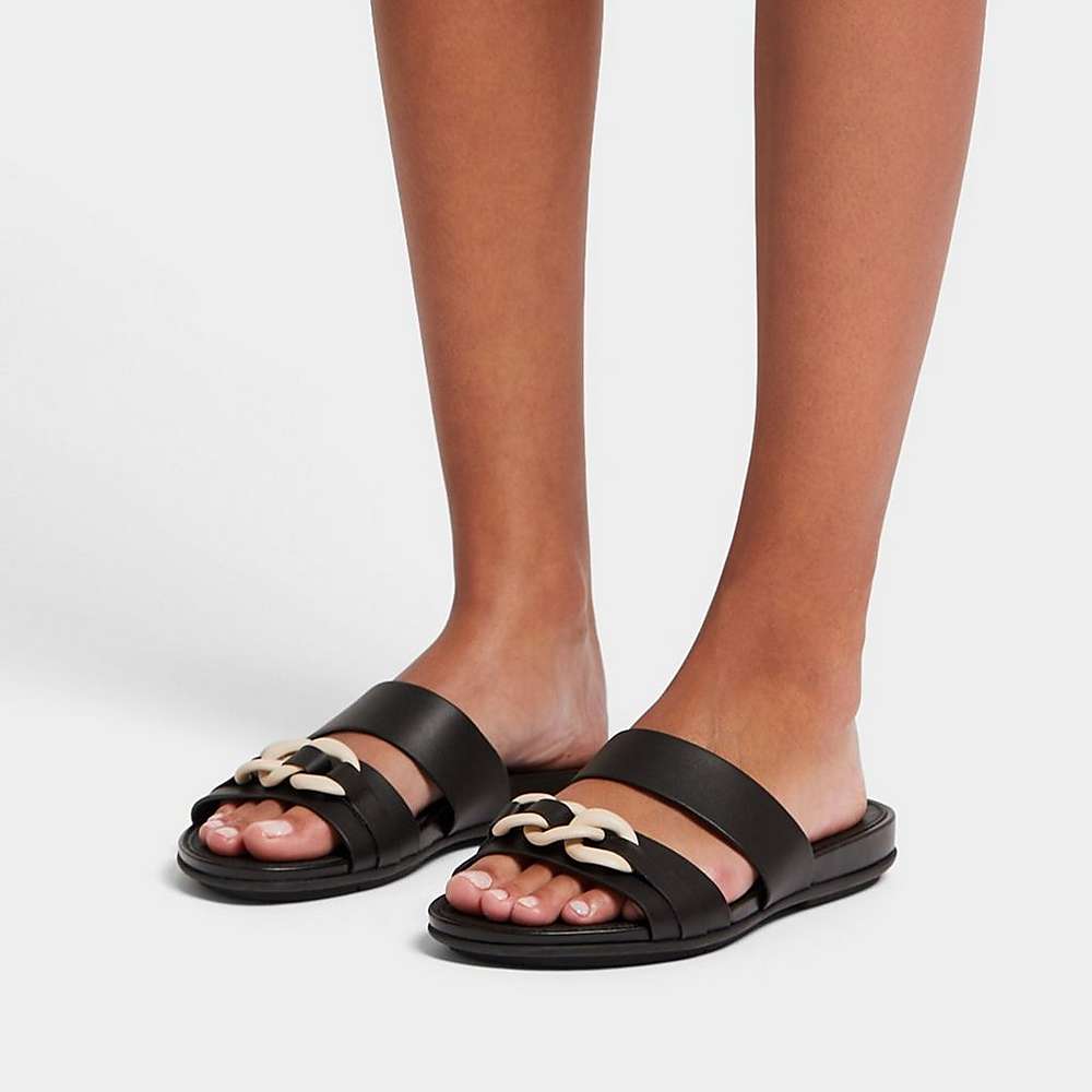 Black Women's Fitflop GRACIE Chain Leather Two-Bar Slides Sandals | JL6215048