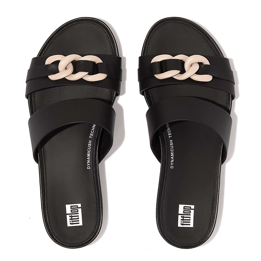 Black Women's Fitflop GRACIE Chain Leather Two-Bar Slides Sandals | JL6215048