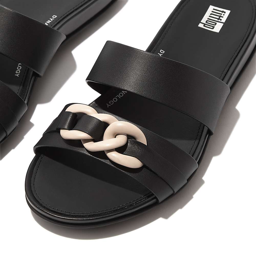 Black Women's Fitflop GRACIE Chain Leather Two-Bar Slides Sandals | JL6215048