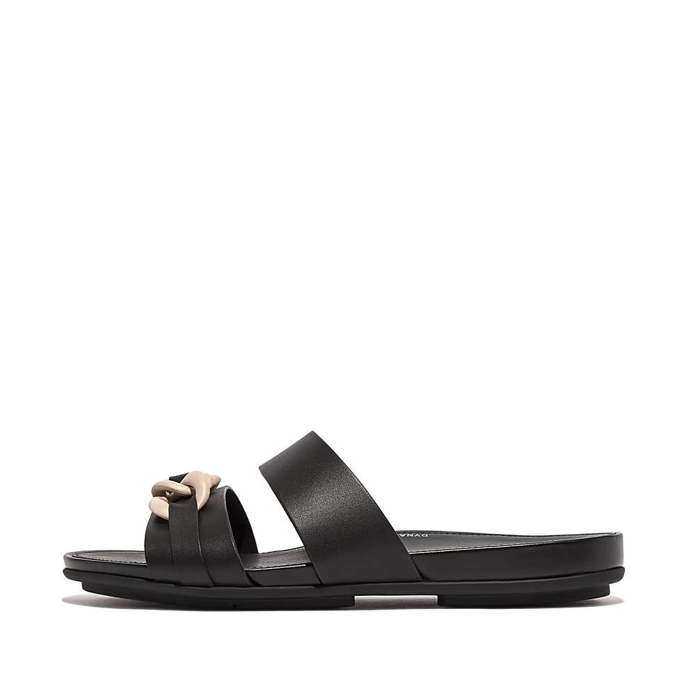 Black Women\'s Fitflop GRACIE Chain Leather Two-Bar Slides Sandals | JL6215048