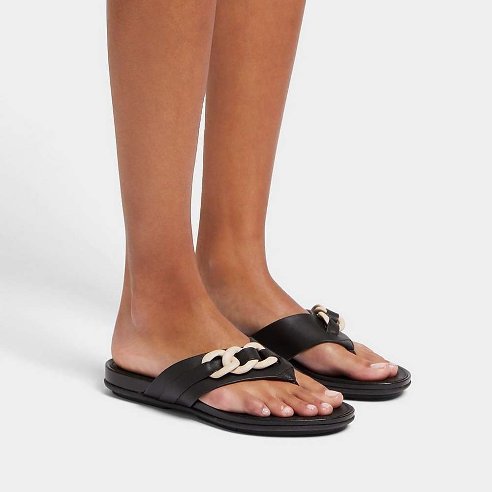 Black Women's Fitflop GRACIE Chain Leather Toe-Post Sandals | JW5620934