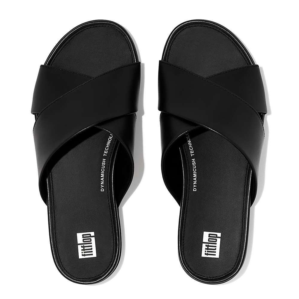 Black Women's Fitflop GRACIE Leather Cross Slides Sandals | NI0538142