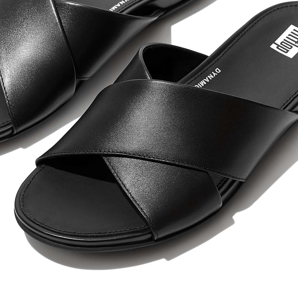 Black Women's Fitflop GRACIE Leather Cross Slides Sandals | NI0538142