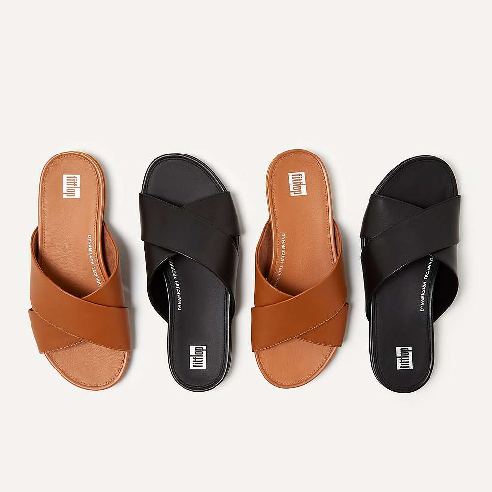 Black Women's Fitflop GRACIE Leather Cross Slides Sandals | NI0538142