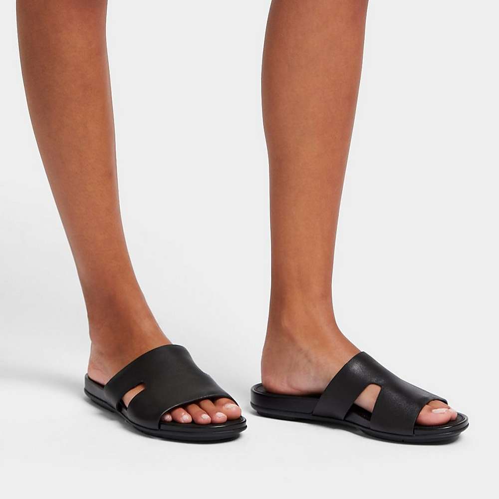 Black Women's Fitflop GRACIE Leather Slides With Toe-Post Sandals | UJ0943512