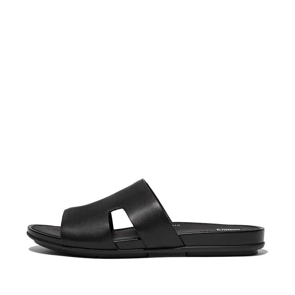 Black Women\'s Fitflop GRACIE Leather Slides With Toe-Post Sandals | UJ0943512