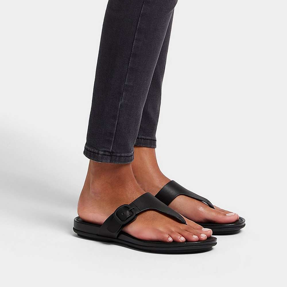 Black Women's Fitflop GRACIE Matt-Buckle Leather Toe-Post Sandals | PF5403261