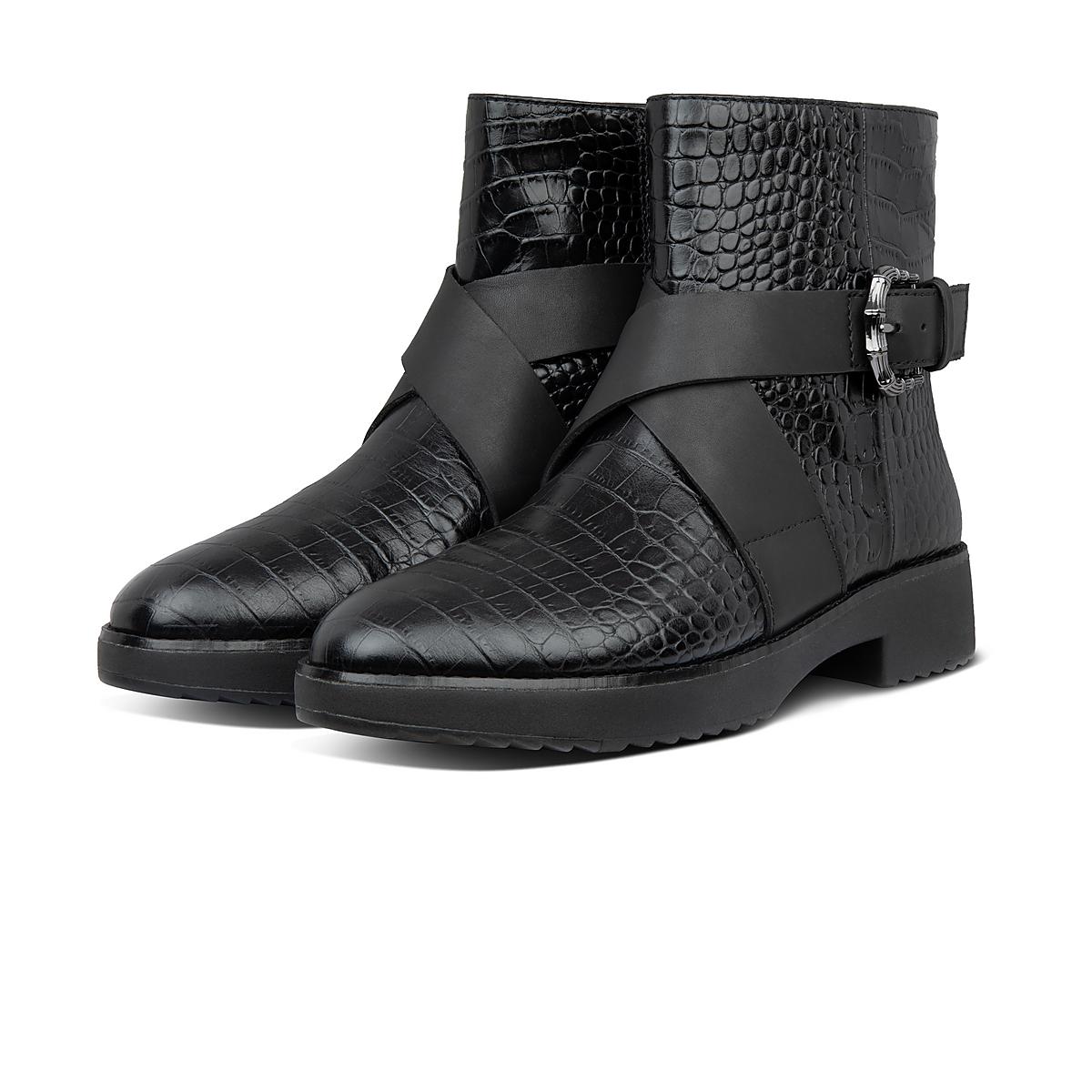 Black Women's Fitflop Helmi Croc Embossed Ankle Boots | RN2471369