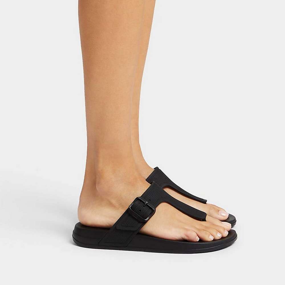 Black Women's Fitflop IQUSHION Adjustable Buckle Flip Flops | BG4067198