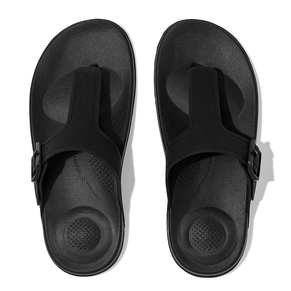 Black Women's Fitflop IQUSHION Adjustable Buckle Flip Flops | BG4067198