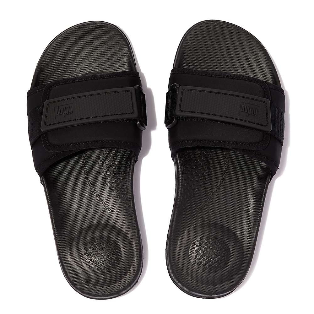 Black Women's Fitflop IQUSHION Adjustable Water-Resistant Slides | KI0571984