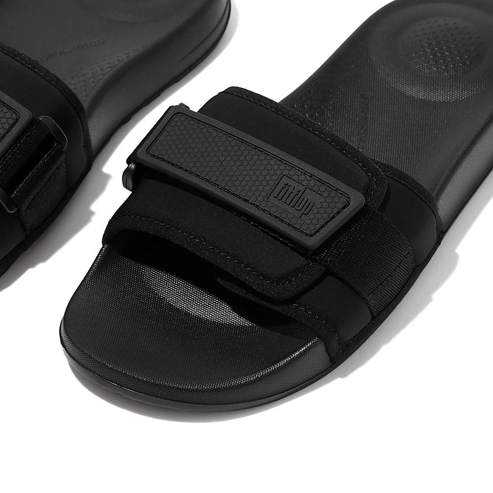 Black Women's Fitflop IQUSHION Adjustable Water-Resistant Slides | KI0571984