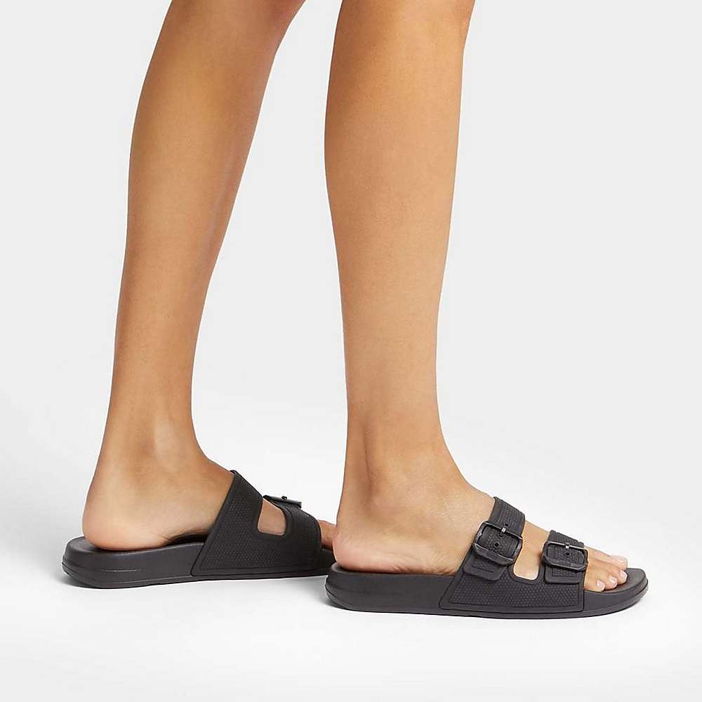 Black Women's Fitflop IQUSHION Two-Bar Buckle Slides | EI2830914