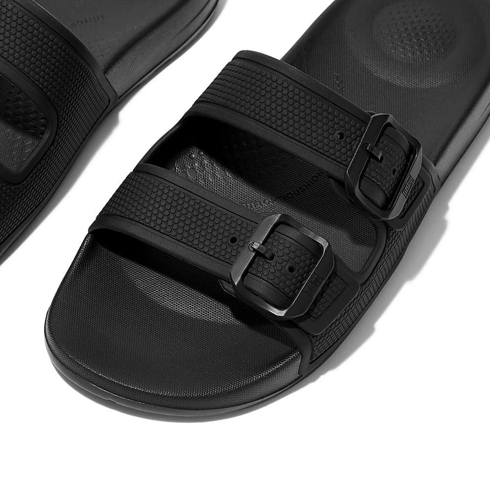 Black Women's Fitflop IQUSHION Two-Bar Buckle Slides | EI2830914